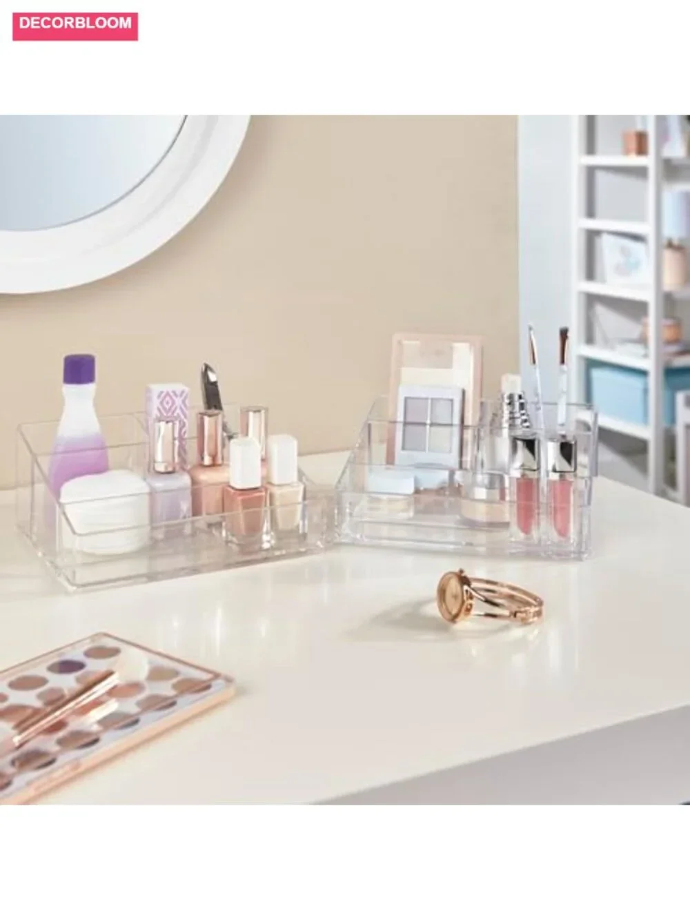 Clear Plastic Vanity Makeup Organizer, 4-Compartment Rectangle